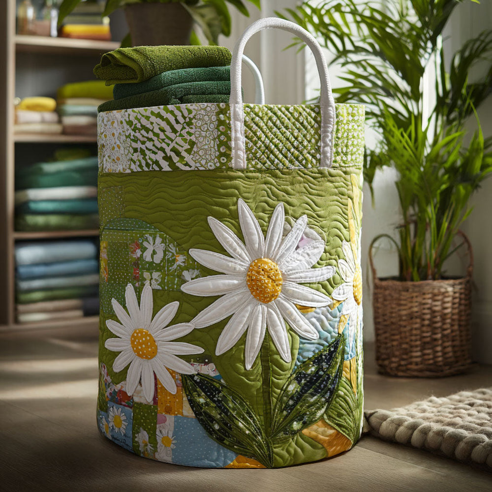 Livia hand-quilted laundry basket with large white daisies on a fresh green background, front view