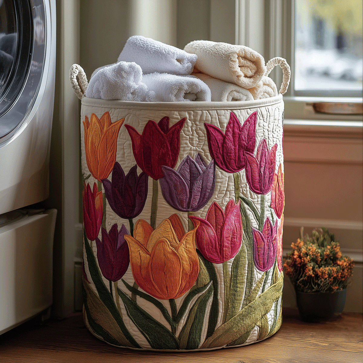 Pia hand-quilted laundry basket with ruby, violet and orange tulips, front view by a window