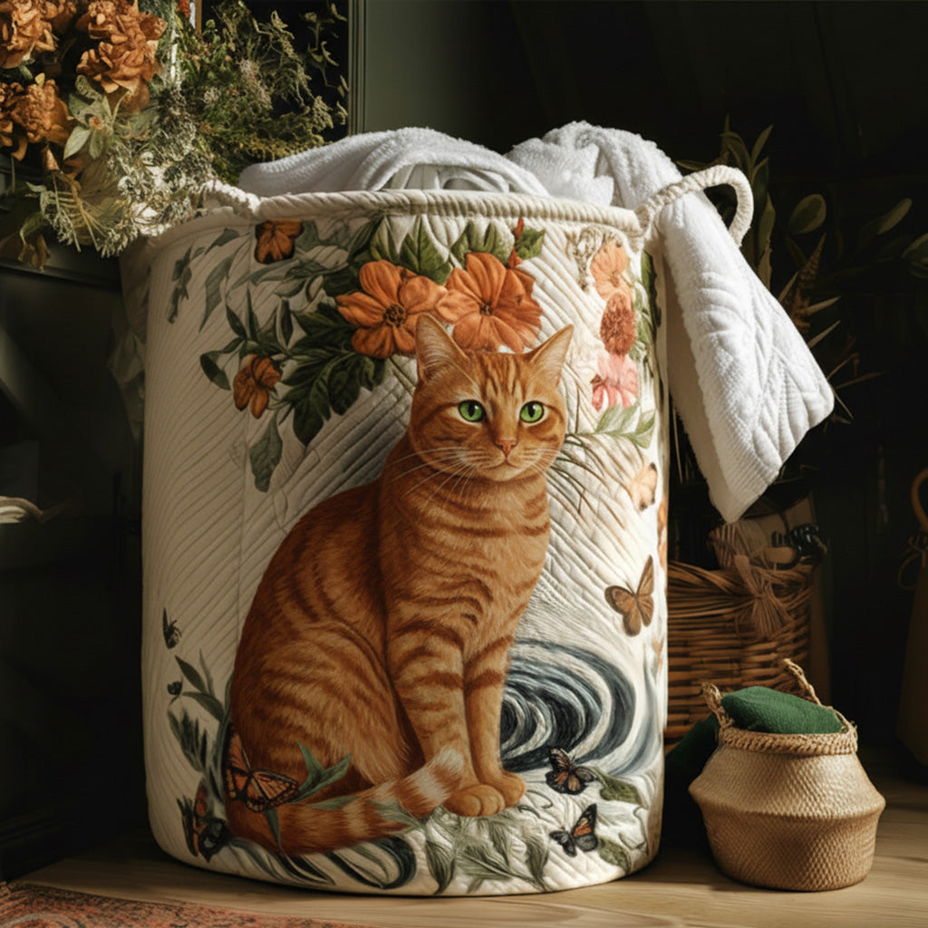 Matilda hand-quilted laundry basket with a ginger tabby cat and orange blossoms, front view