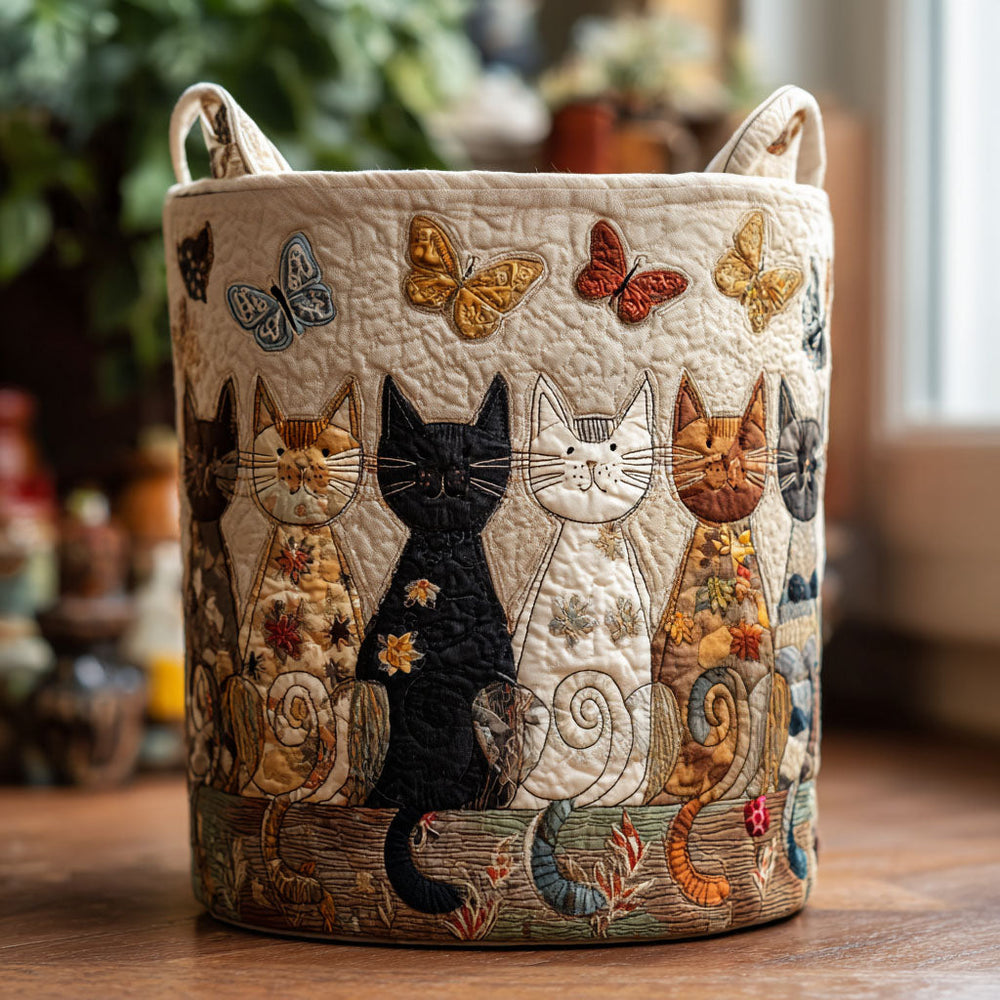 Teresa hand-quilted laundry basket with a row of black, white, ginger and tabby cats beneath butterflies, front view