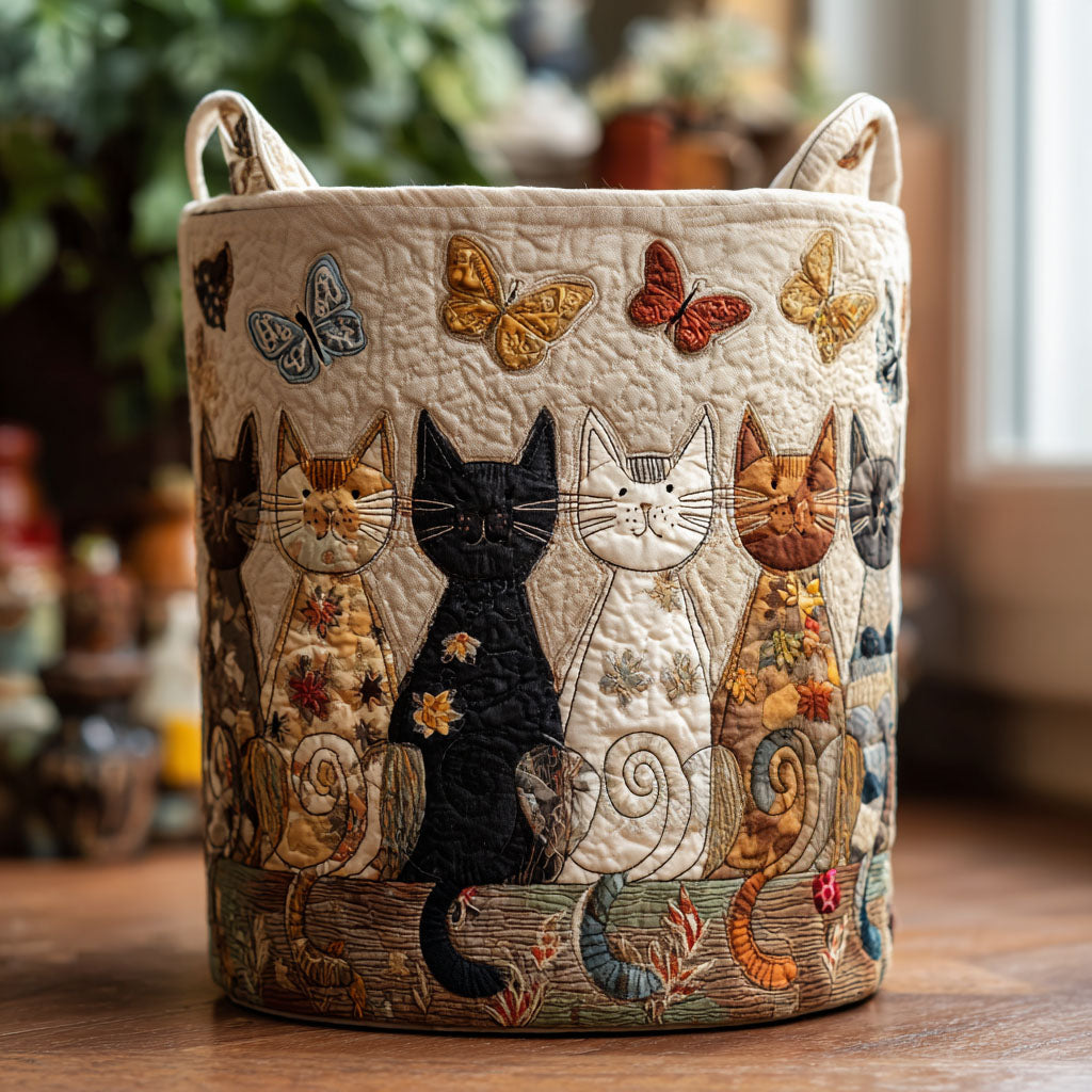 Teresa hand-quilted laundry basket with a row of black, white, ginger and tabby cats beneath butterflies, front view