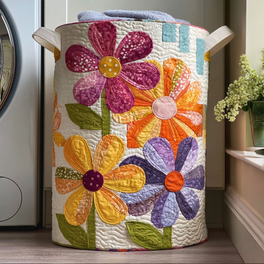 Speranza hand-quilted laundry basket with big patchwork flowers, front view by a window