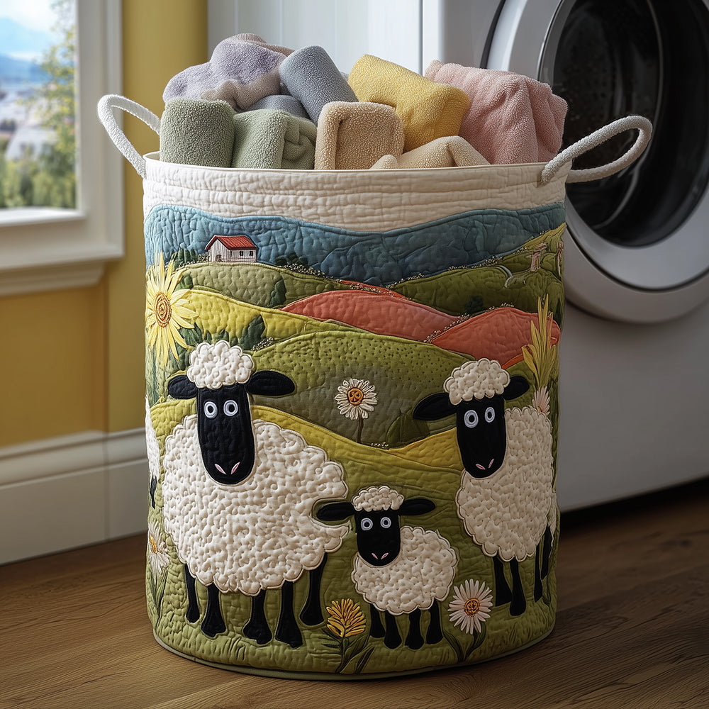 Rachele hand-quilted laundry basket with fluffy sheep and a lamb on rolling green hills, front view in a laundry room