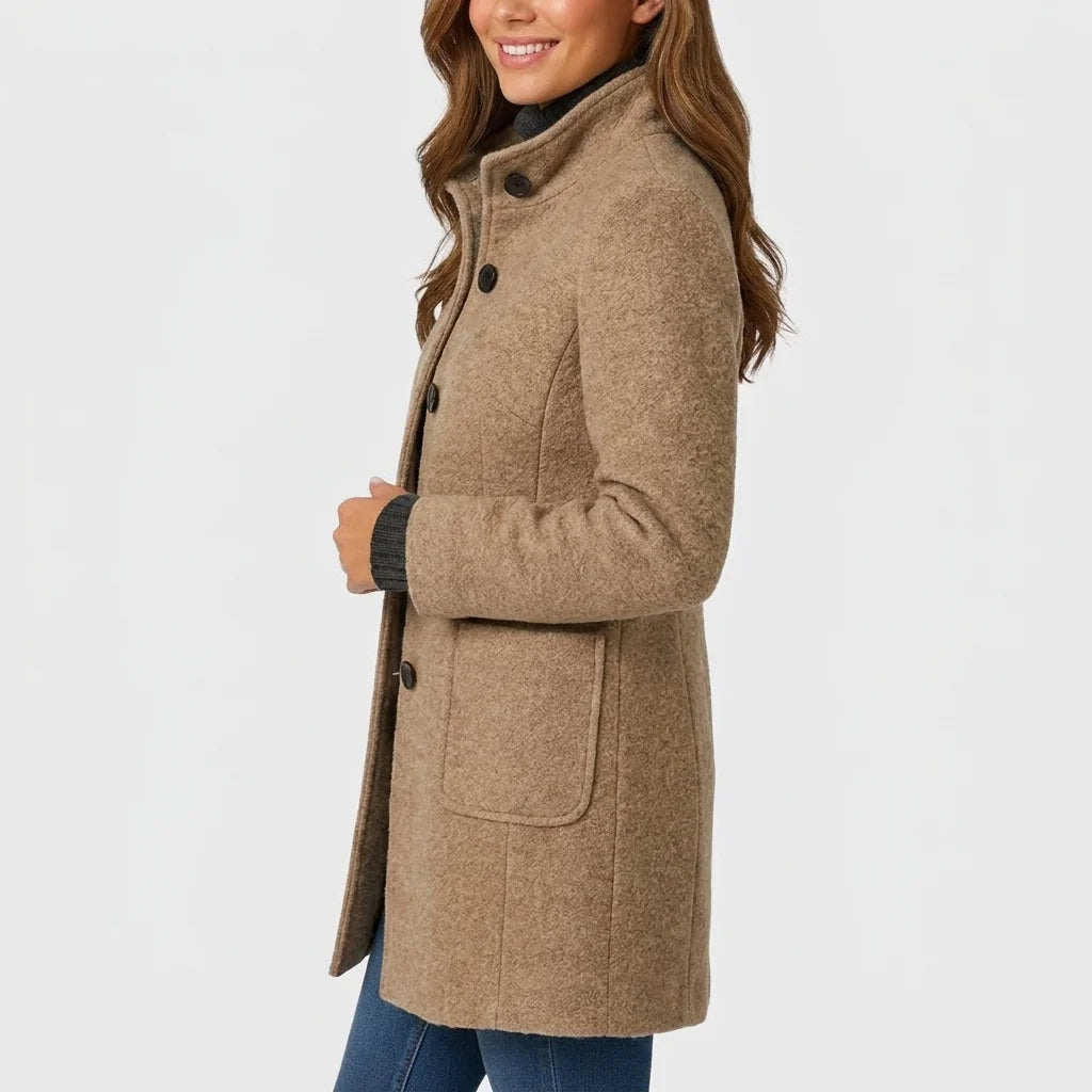 Annora stand-collar button coat in camel, side view