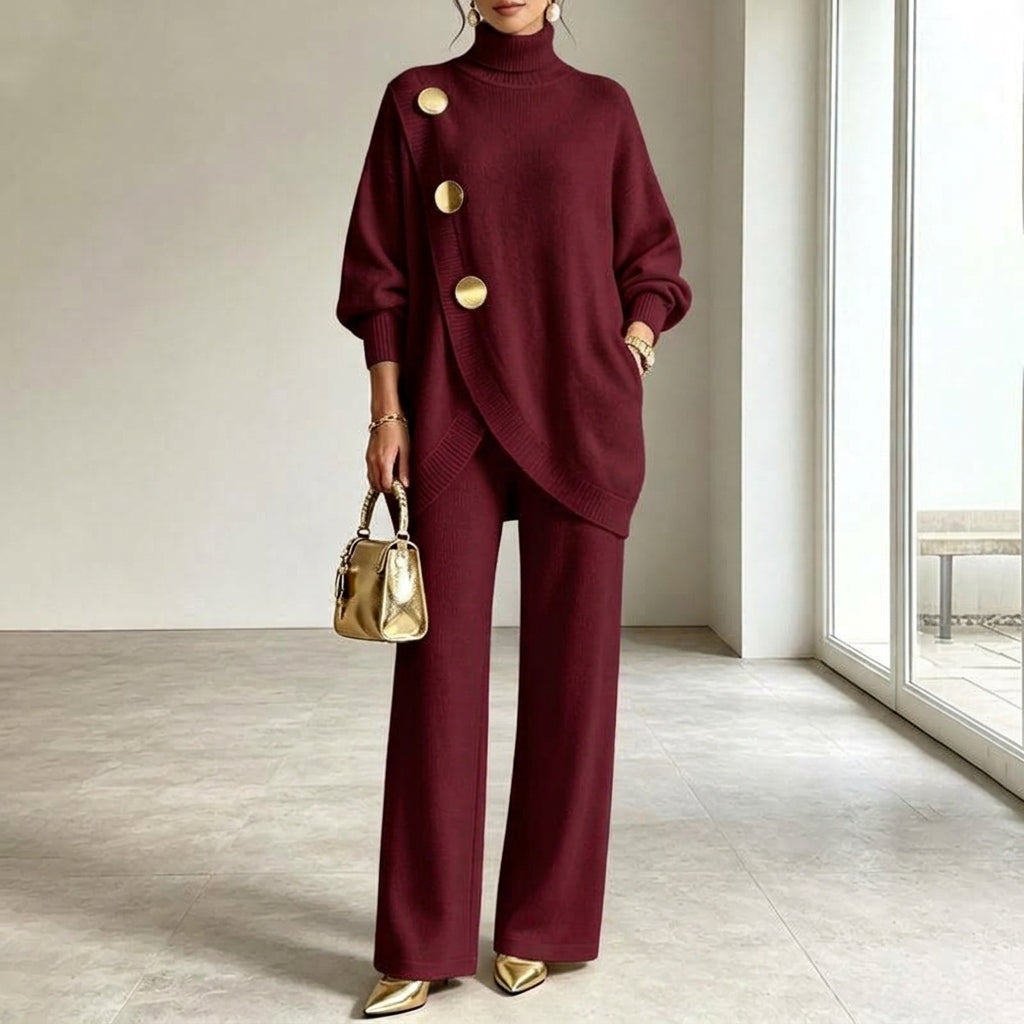 Natalie turtleneck knit set in burgundy, full-length front view