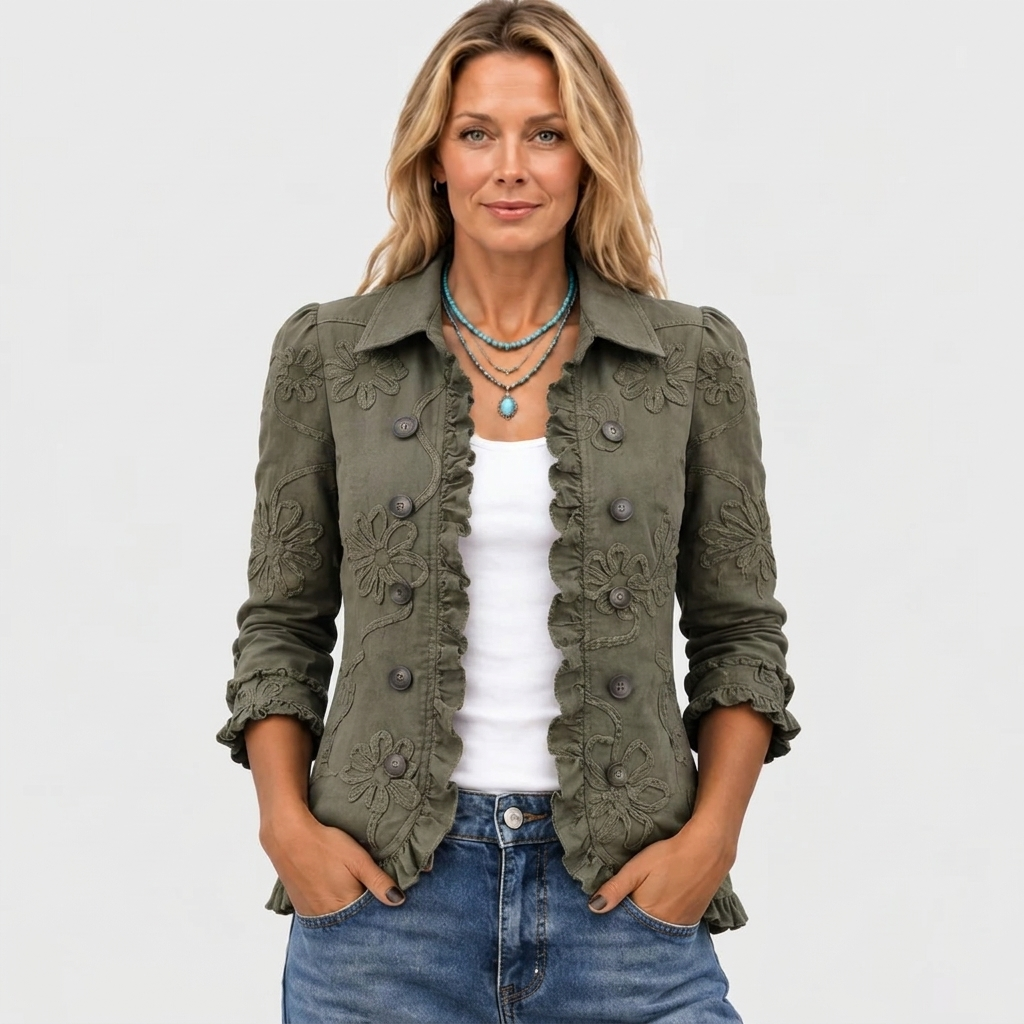 Kerenza floral embroidered ruffle jacket in olive green, front view