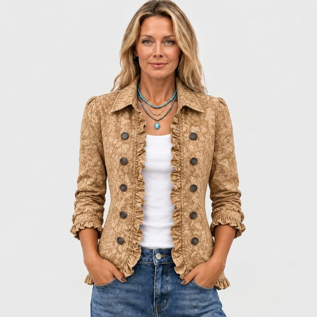 Bersaba paisley print ruffle jacket in camel, front view