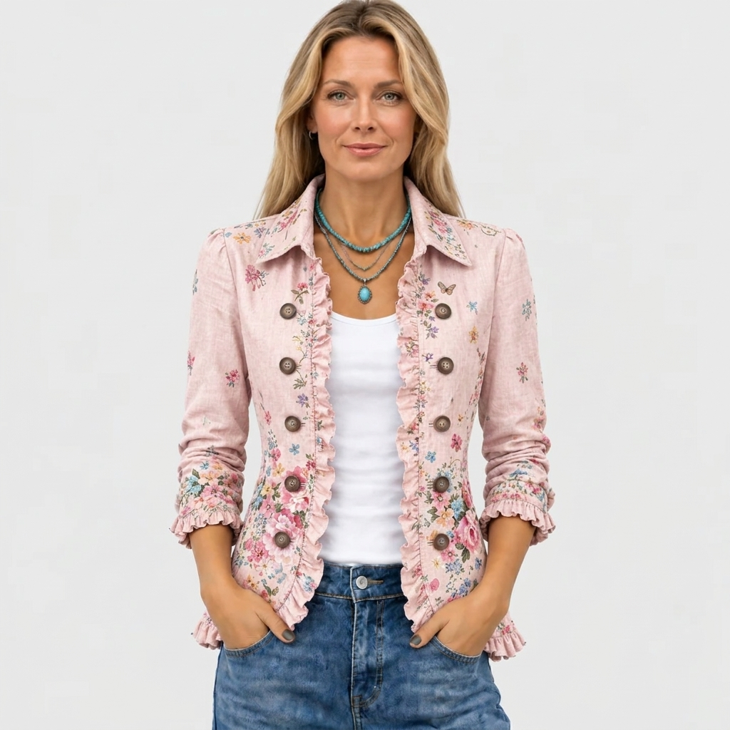 Peronel floral ruffle-trim jacket in pink, front view