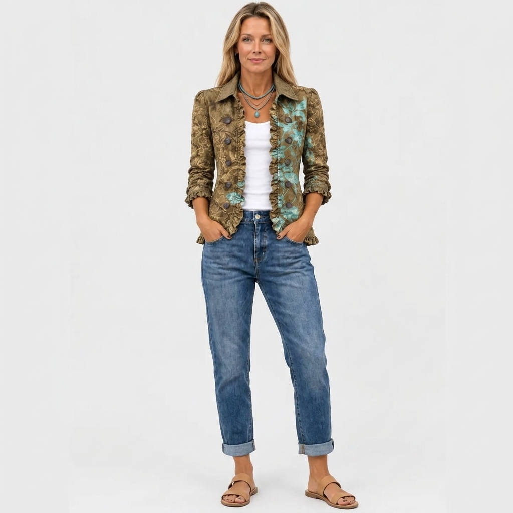 Jowanet floral print ruffle jacket in olive and turquoise floral, full-length view