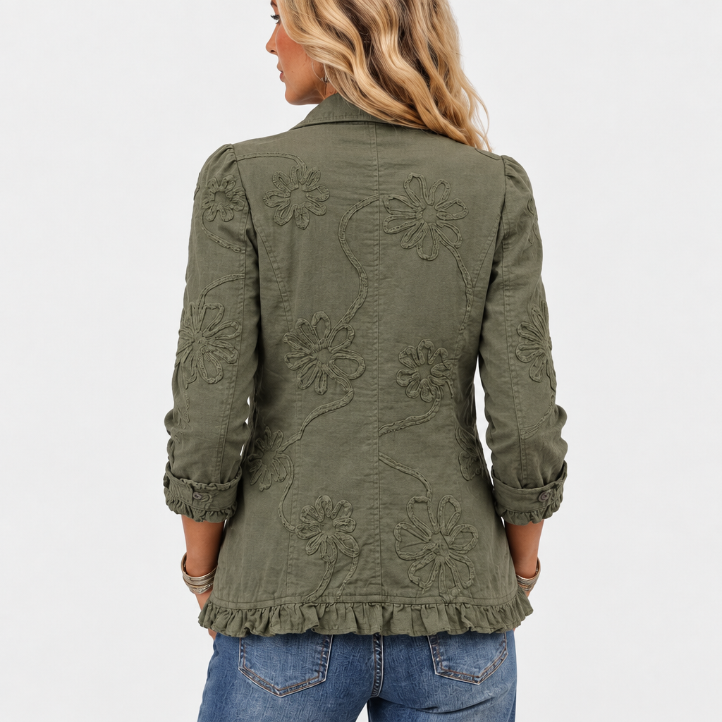 Kerenza floral embroidered ruffle jacket in olive green, back view