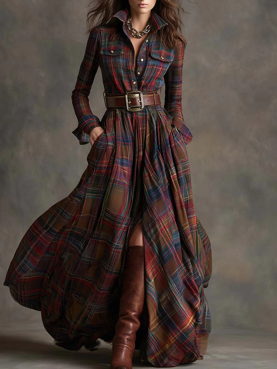 Delyth check maxi shirt dress in red, front view