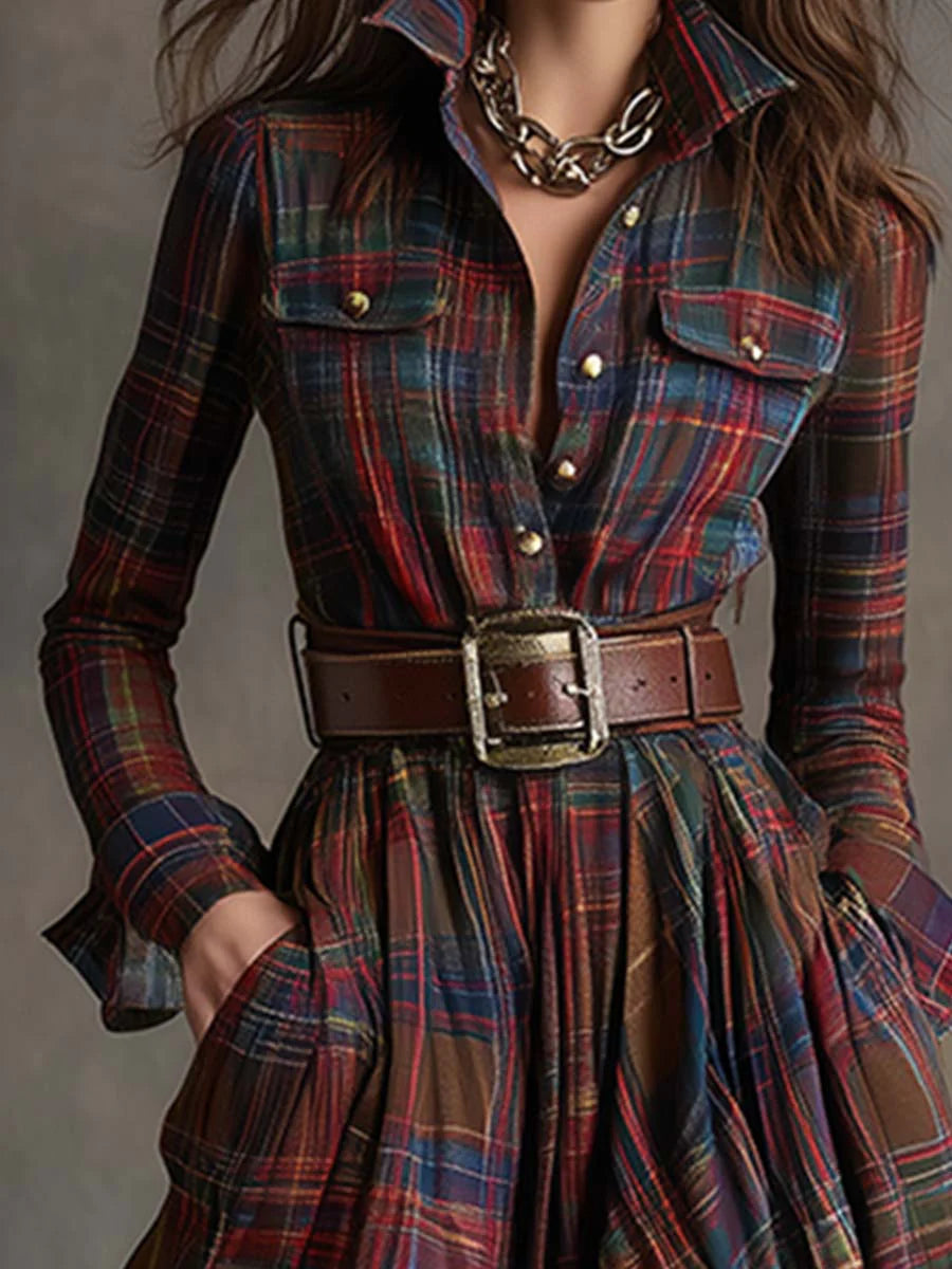 Delyth check maxi shirt dress in red, collar and belt detail