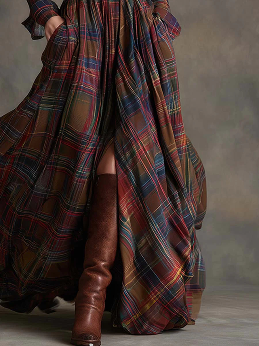 Delyth check maxi shirt dress in red, skirt detail
