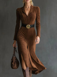 Felicity | Retro Western Style Lapel Slit Midi Dress (Includes belt)