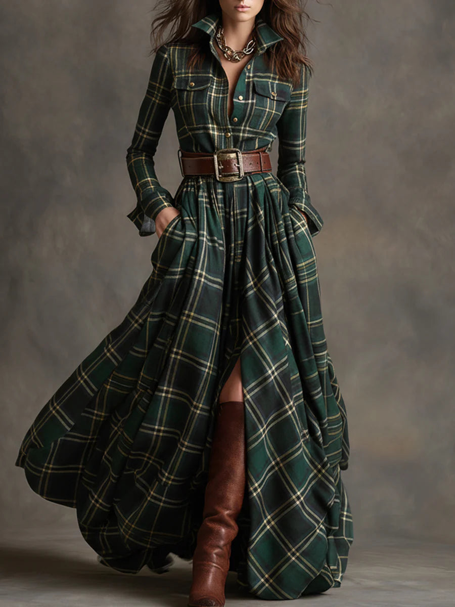 Delyth check maxi shirt dress in green, front view