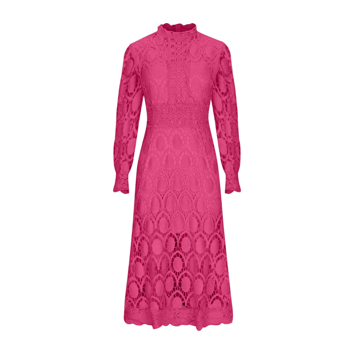 Philomel lace midi dress in fuchsia pink, front flat lay