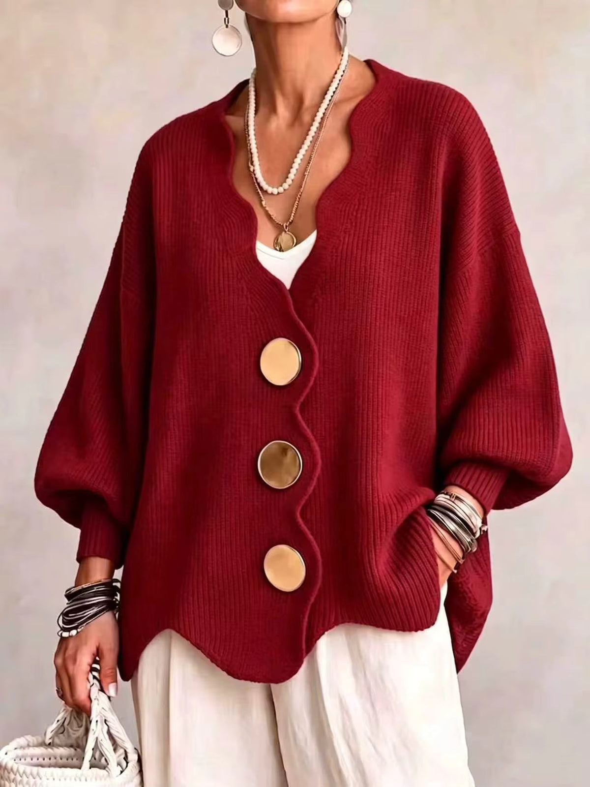 Heddwen scalloped button cardigan in Red, front view