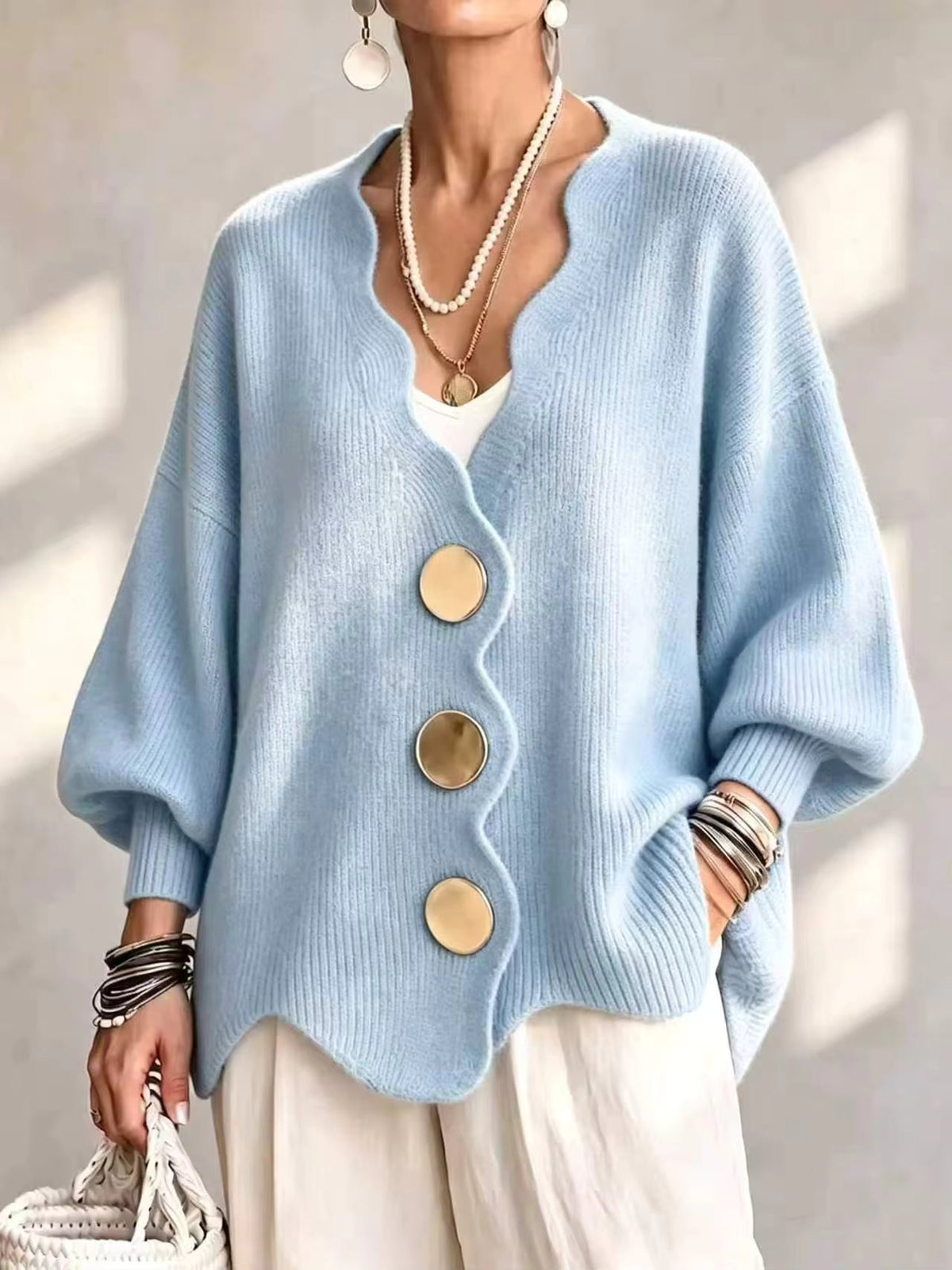 Heddwen scalloped button cardigan in Light Blue, front view