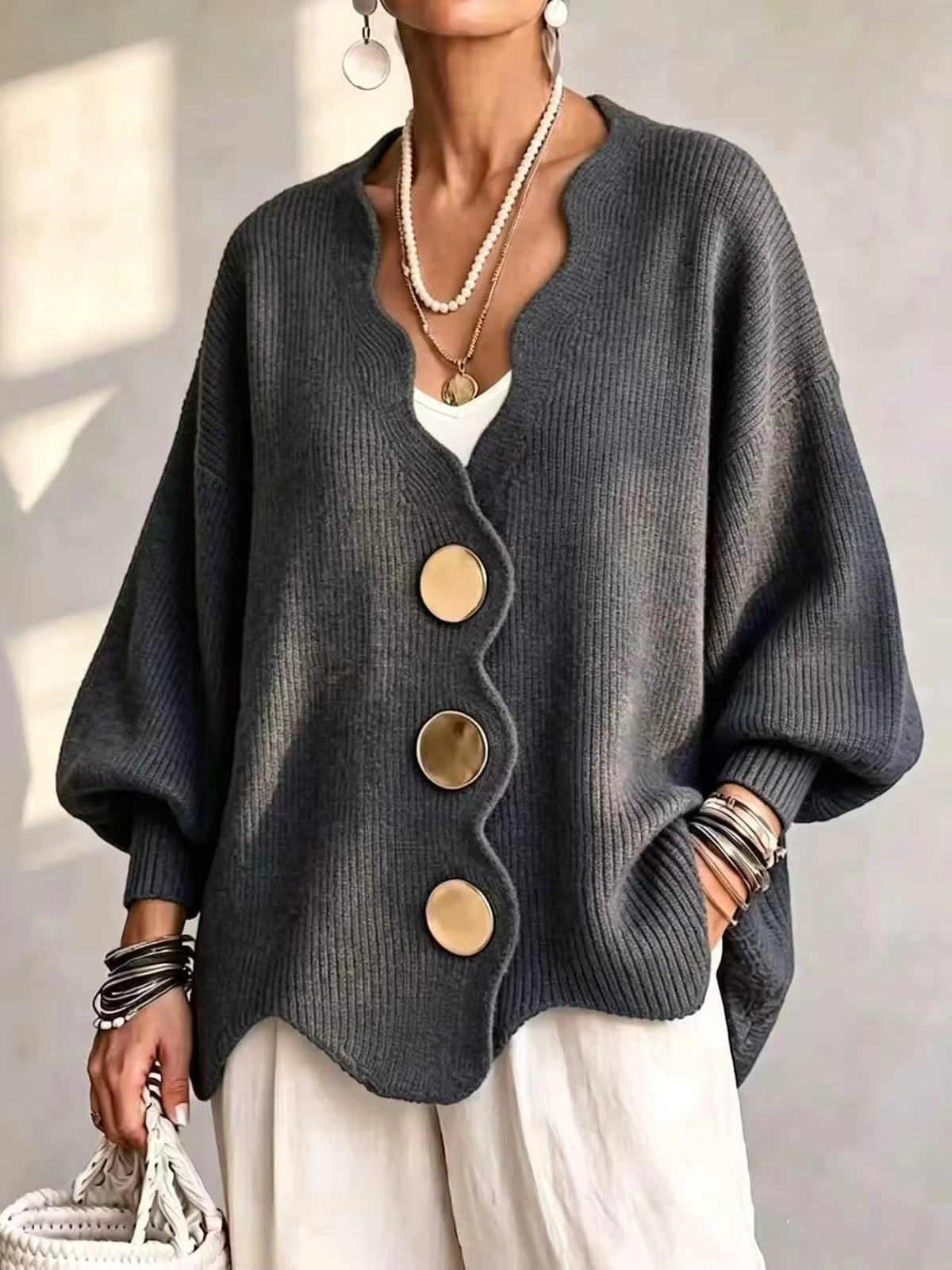 Heddwen scalloped button cardigan in Dark Grey, front view