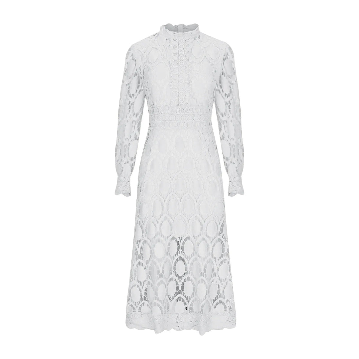 Philomel lace midi dress in white, front flat lay