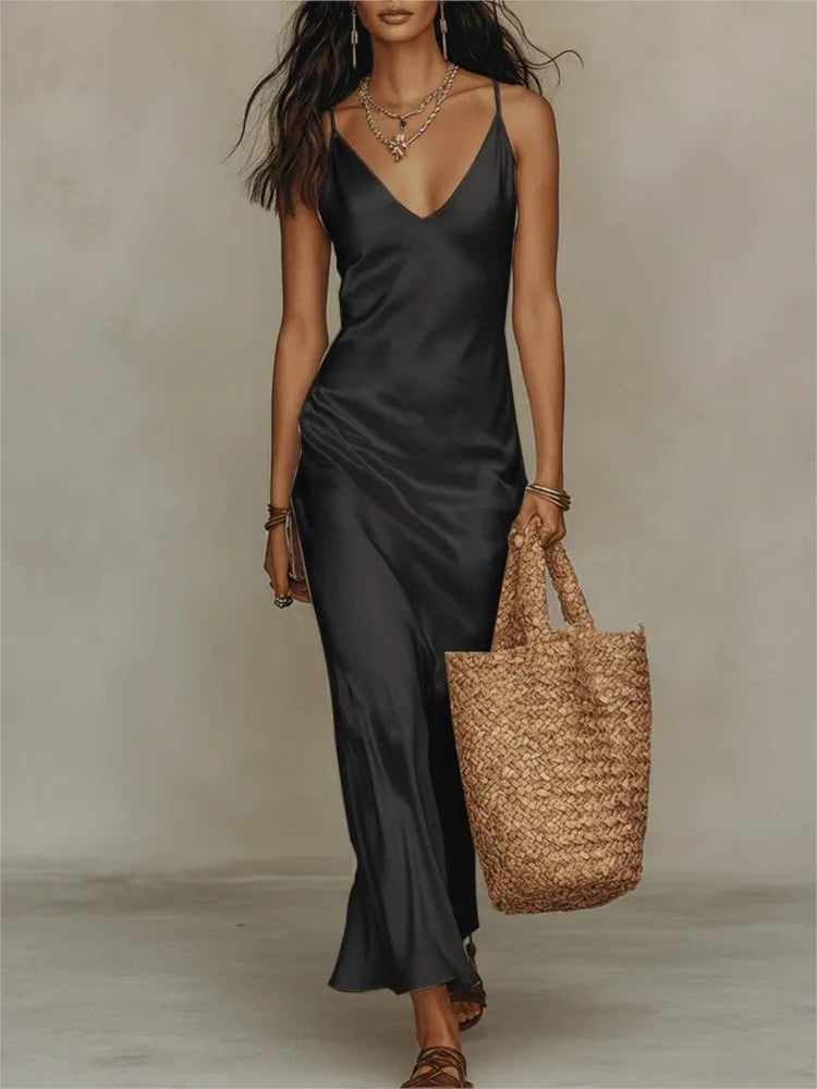 Steren satin slip maxi dress in Black, front view