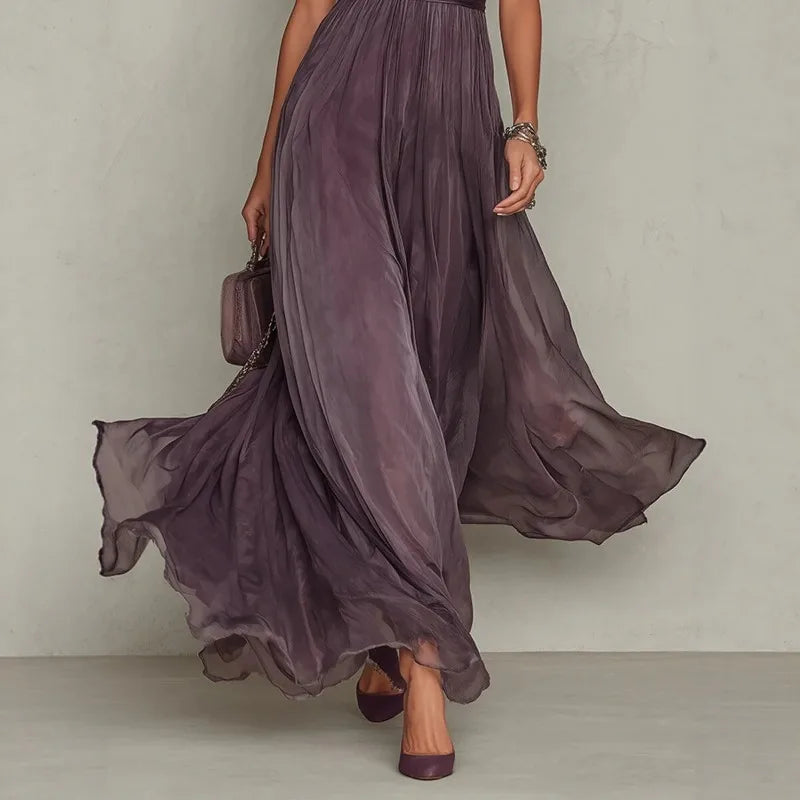 Hafwen chiffon maxi dress in plum, skirt movement view