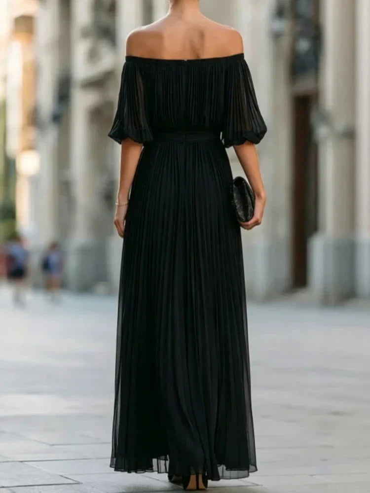 Doreen off-shoulder chiffon maxi dress in black, back view