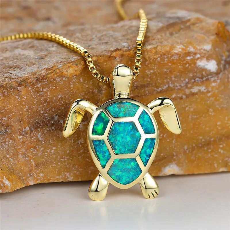 Green Opal Turtle Pendant Necklace