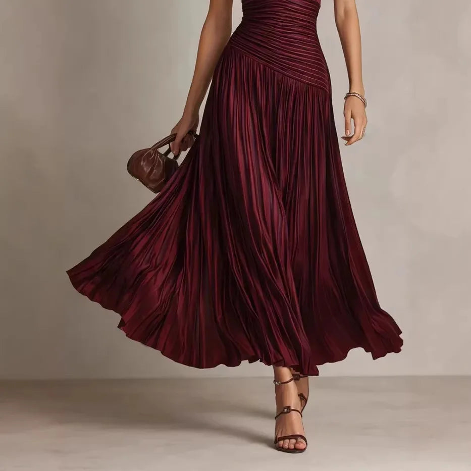 Delen pleated maxi dress in wine red, side view
