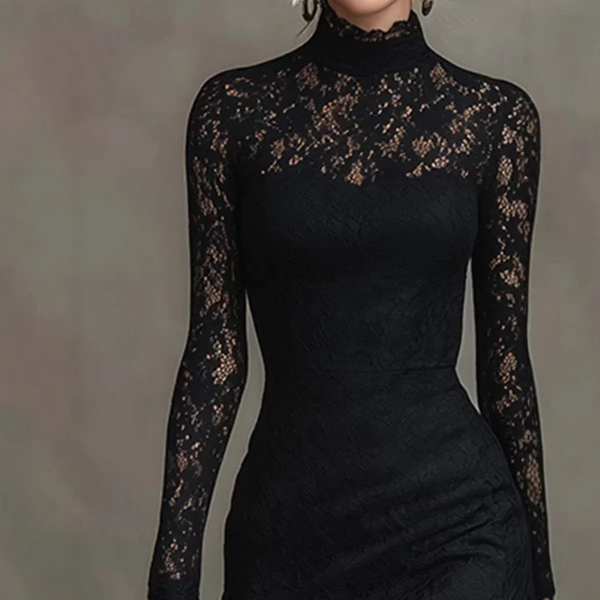 Lowena high-neck lace maxi dress in Black, close-up of lace bodice