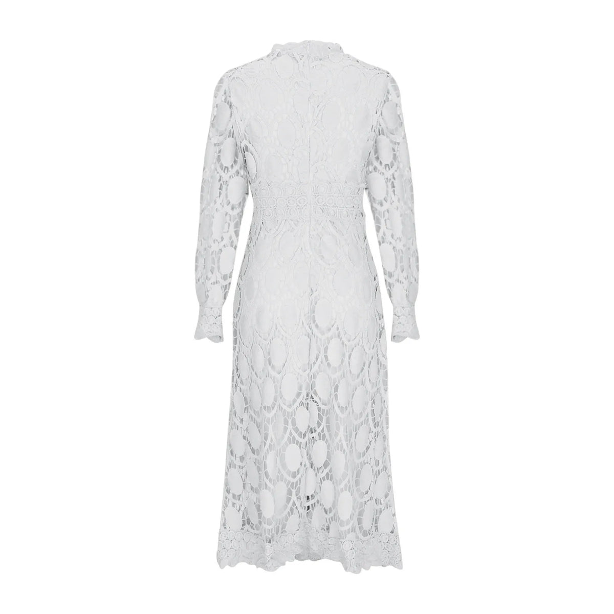 Philomel lace midi dress in white, back flat lay