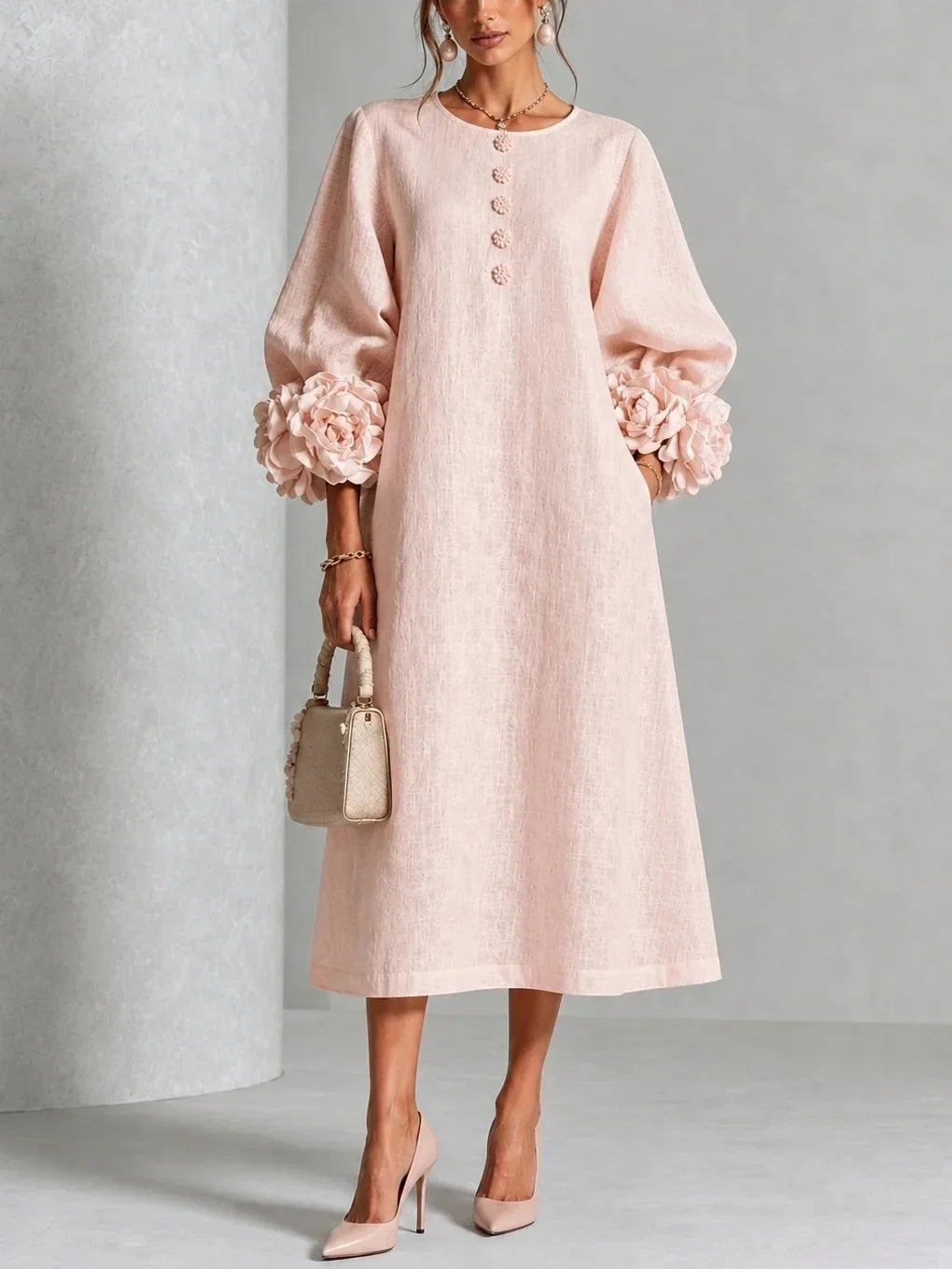 Hyacinthe floral cuff midi dress in pink, front view