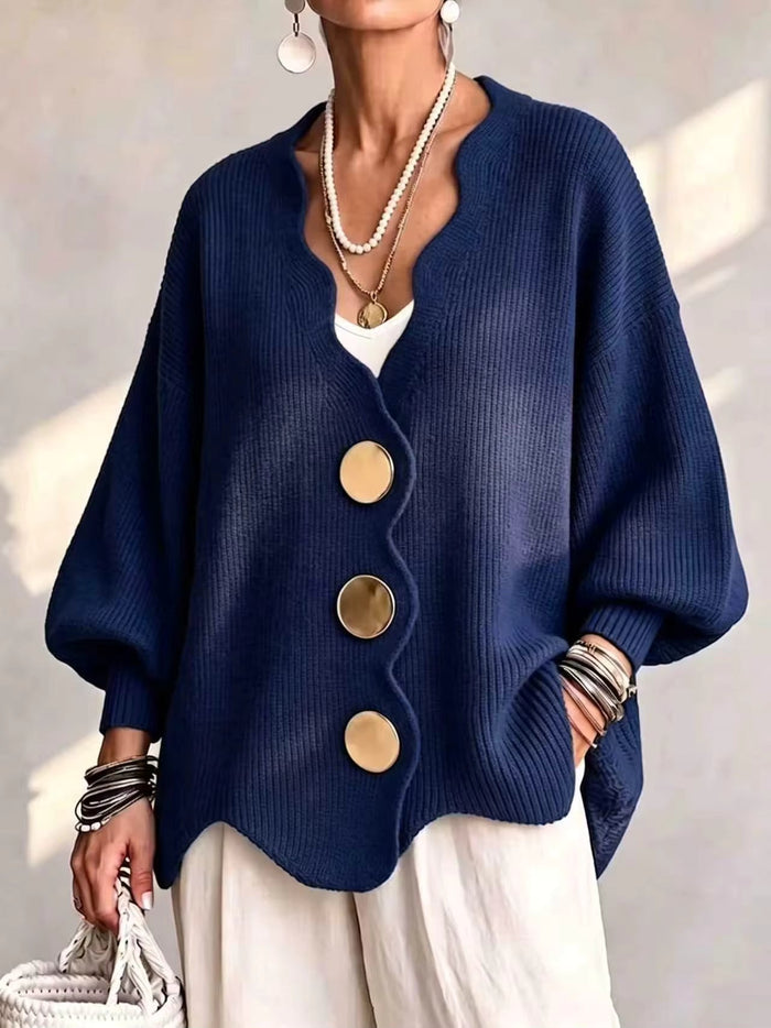 Heddwen scalloped button cardigan in Navy, front view