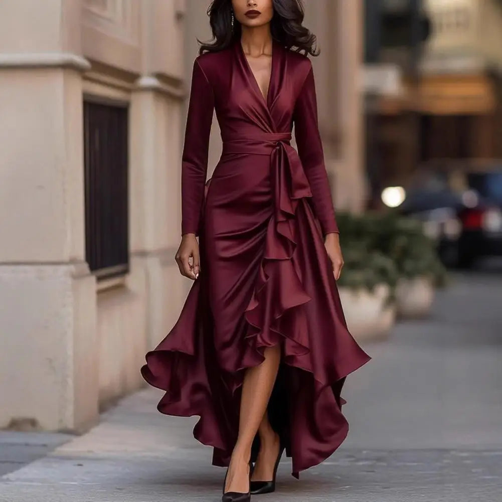 Avril satin-finish ruffle wrap dress in wine red, front view