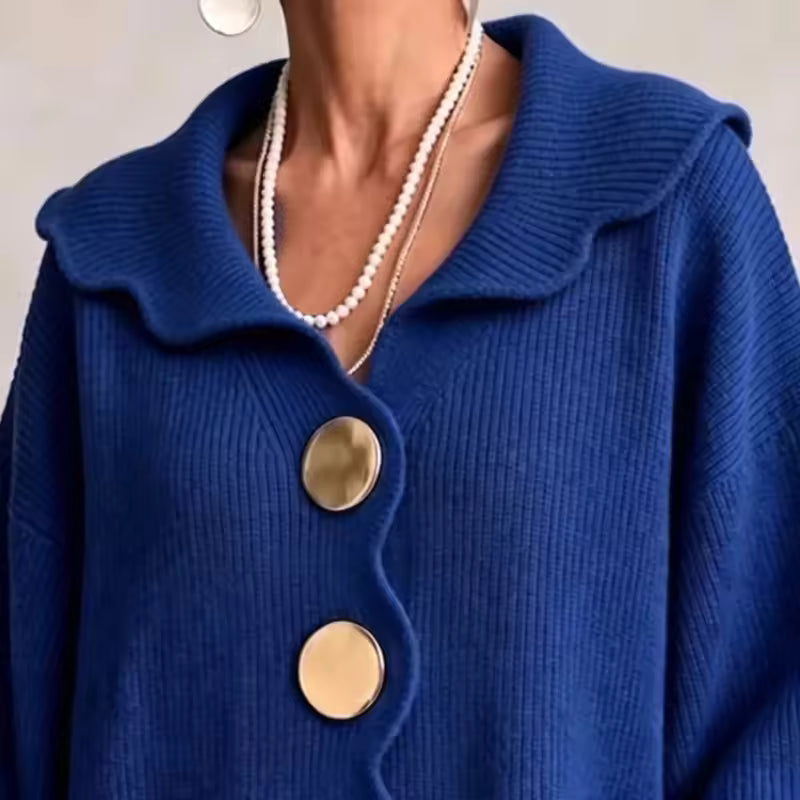 Gwenfair scalloped collar cardigan in Blue, collar and button detail