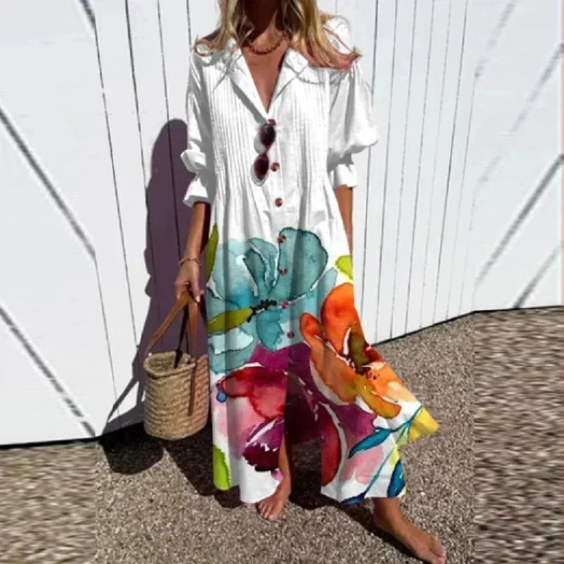 Rimmey boho shirt dress in white with watercolour floral print, front view