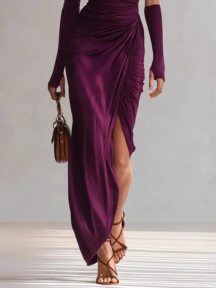 Gwynna one-shoulder maxi dress in Fuchsia, close-up of front slit