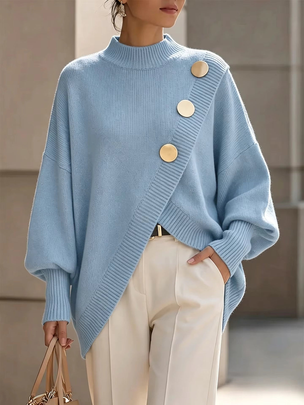 Rhosyn asymmetric button jumper in Light Blue, front view