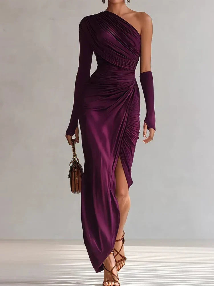 Gwynna one-shoulder maxi dress in Fuchsia, walking view
