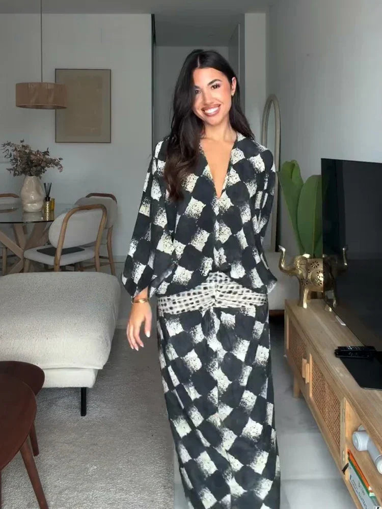 LIORA™ | Monochrome Print Maxi Dress