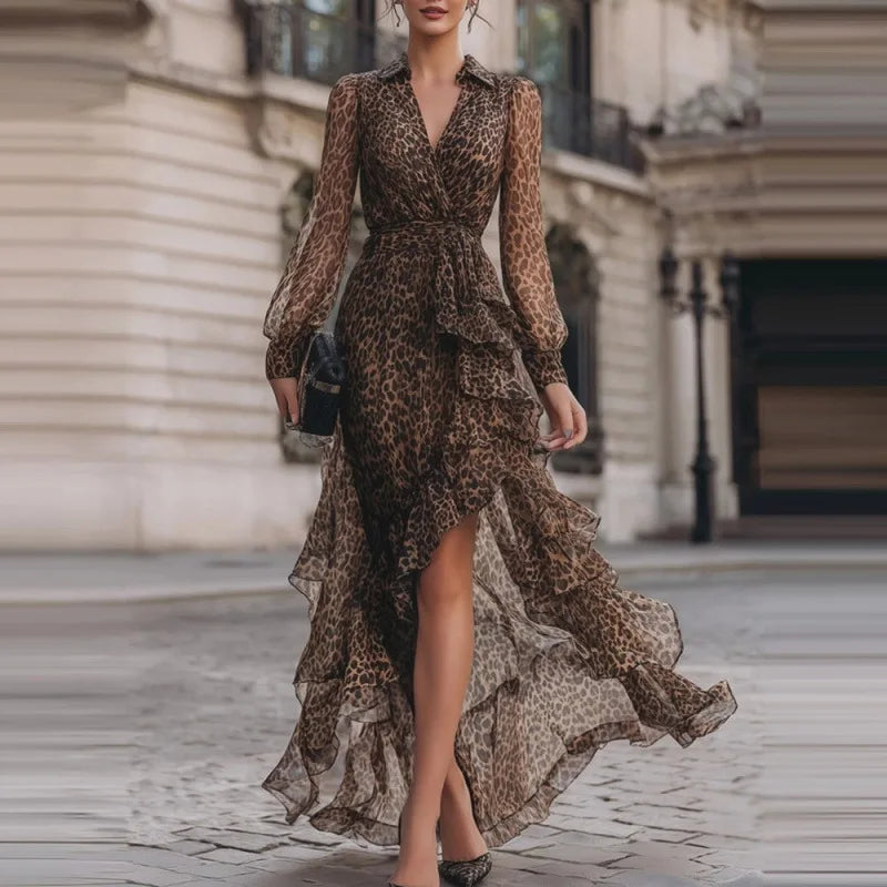 Annest leopard print ruffle maxi dress, front view walking