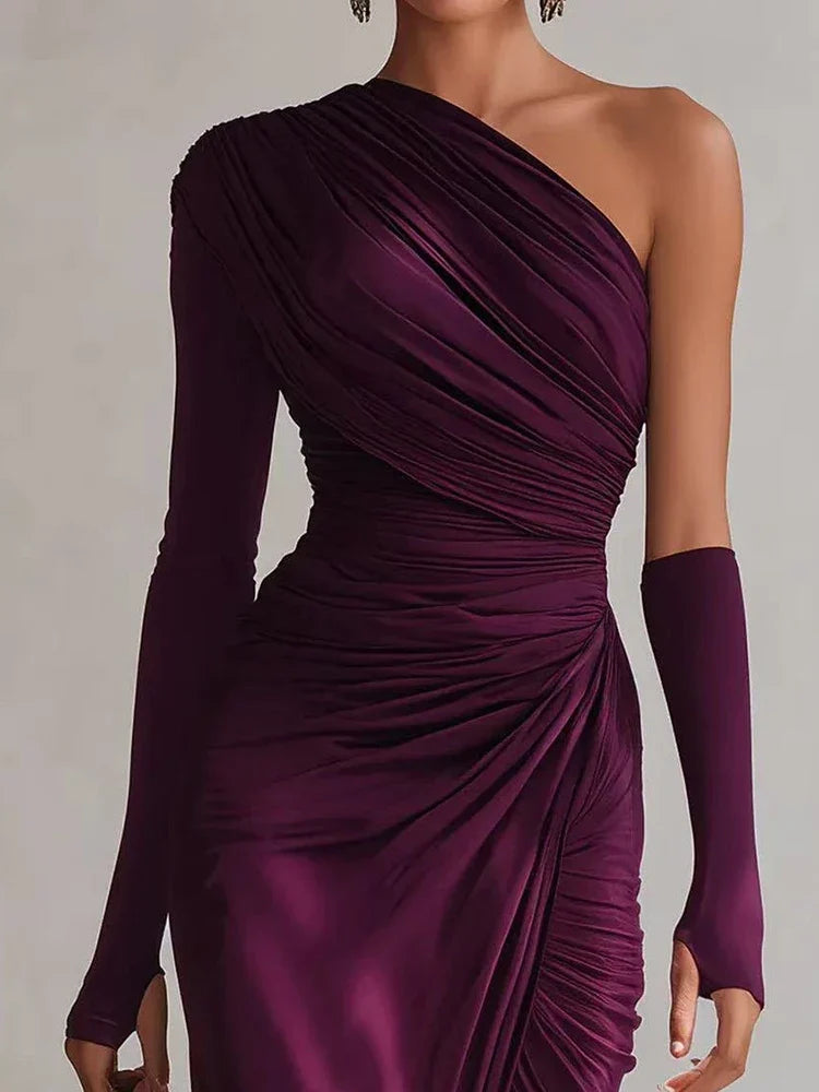 Gwynna one-shoulder maxi dress in Fuchsia, close-up of ruched bodice