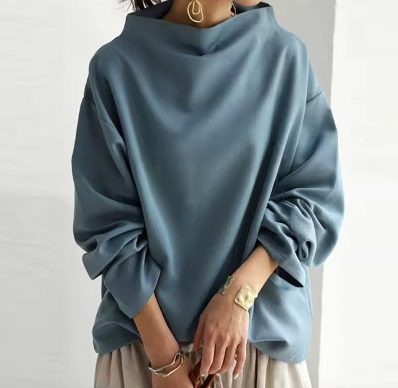 Elly funnel-neck relaxed top in blue, front view