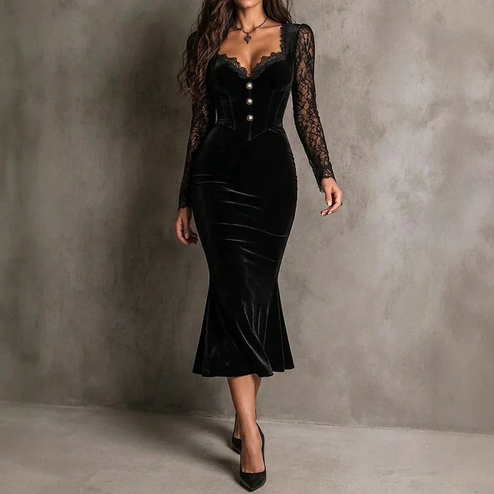 Morenwyn velvet midi dress in black, front view