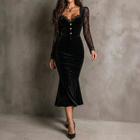 MORENWYN | VELVET MIDI DRESS WITH LACE SLEEVES