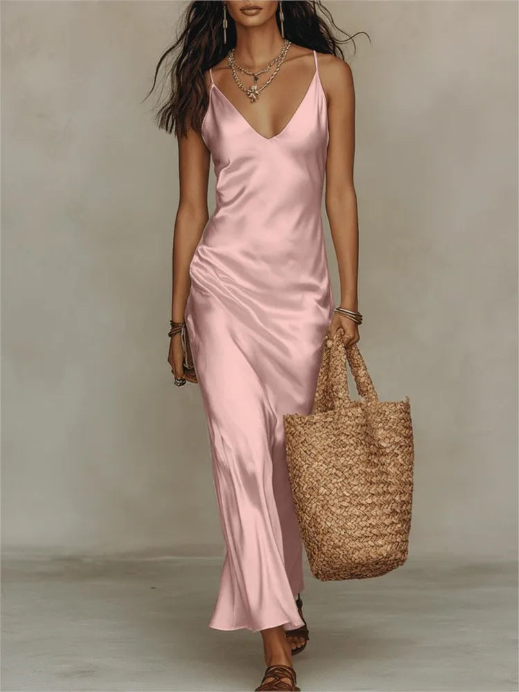 Steren satin slip maxi dress in Pink, front view