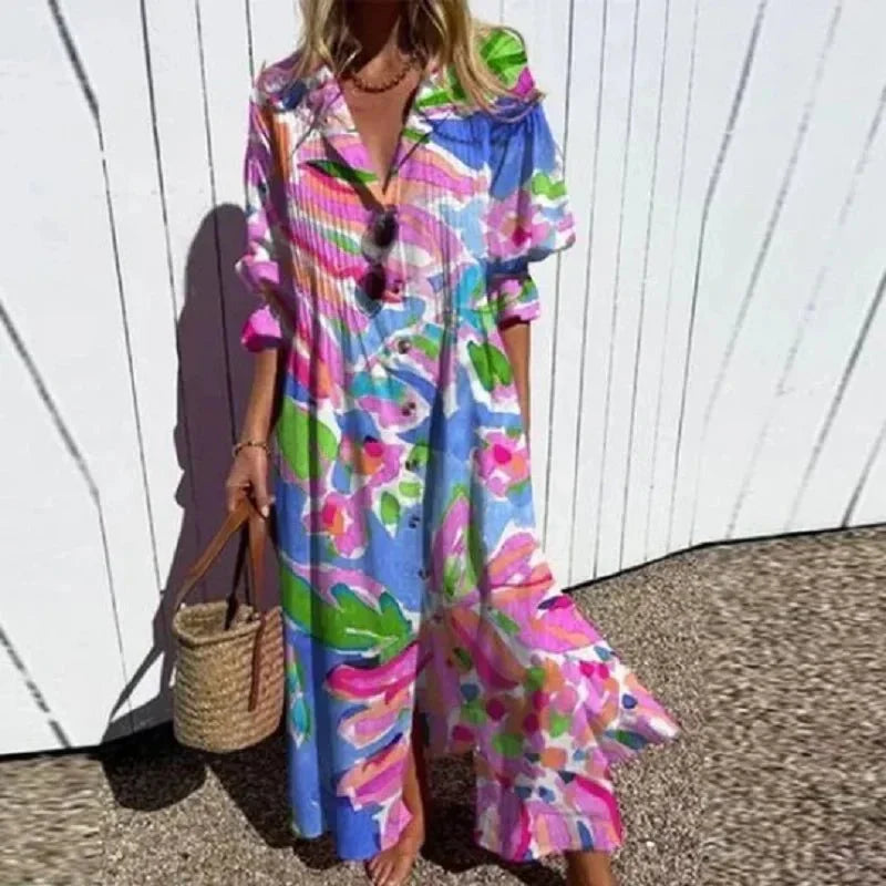 Rimmey boho shirt dress in pink and blue print, front view
