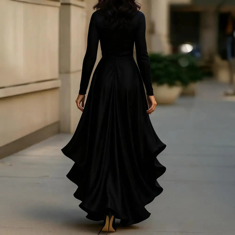 Avril satin-finish ruffle wrap dress in black, back view