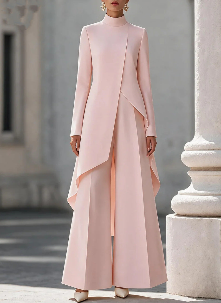 Catriona high-neck trouser set in pink, full-length front view