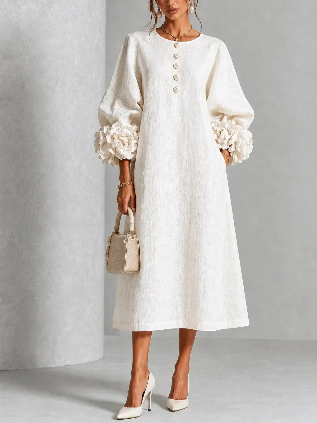 Hyacinthe floral cuff midi dress in white, front view